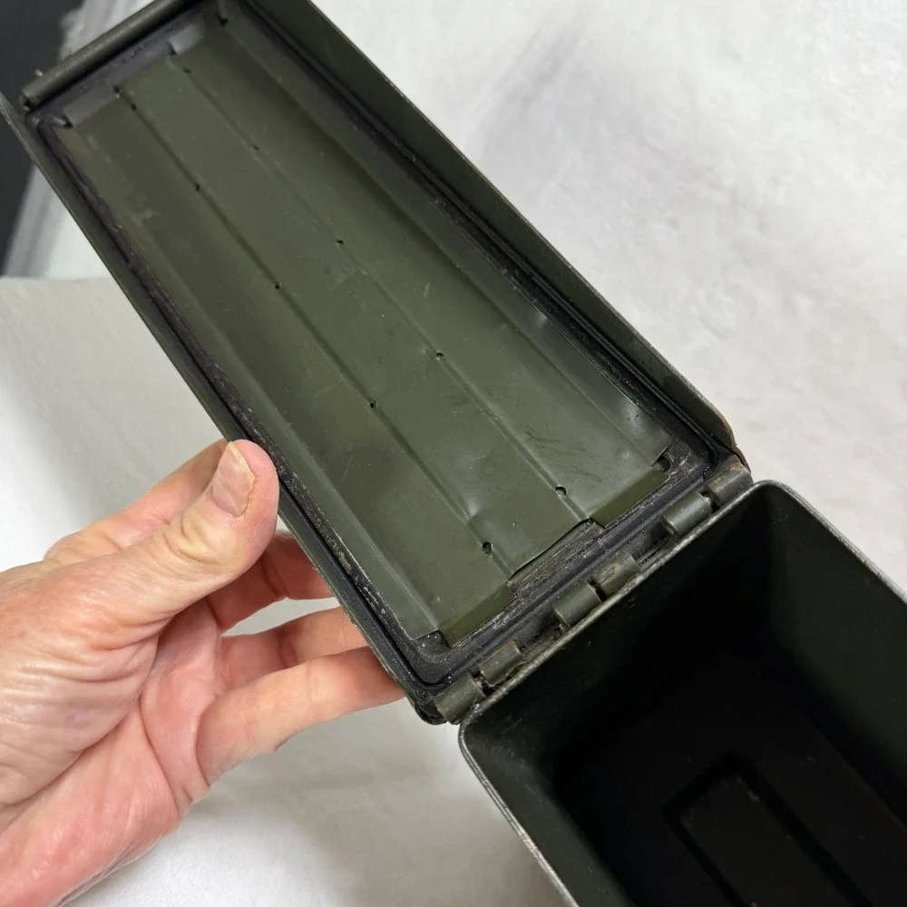 Vintage US Military Steel Ammo Can Olive Drab Metal Storage Box Latch Lid Handle
